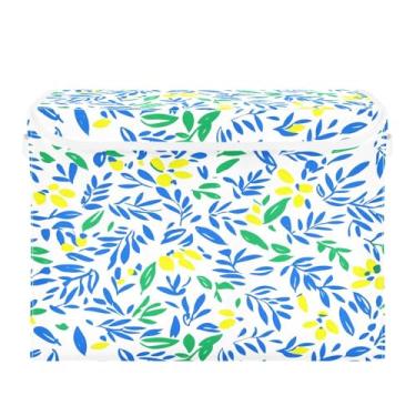 Imagem de CEBUGI Caixotes de armazenamento com tampas, caixa de armazenamento de tecido dobrável, flores azuis, cubos, organizadores para prateleiras de quarto de armário de casa 40 x 30 x 39 cm