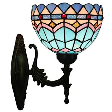 Imagem de Arandela de parede artesanal de 8 polegadas em vitral mediterrâneo azul e branco com acabamento em latão antigo, ideal para cabeceira, sala de estar, quarto e corredor.