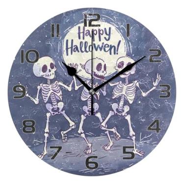 Imagem de YETTASBIN Relógio de parede esqueleto de Halloween, silencioso, sem tique-taque, operado por bateria, relógio redondo decorativo criativo para cozinha, sala de estar, banheiro, decoração de escritório