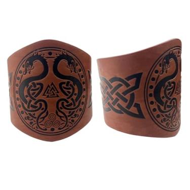 Imagem de Braçadeiras medievais Viking Bracers manopla de braço de couro de dragão em relevo para homens e mulheres, 1 par, HBR065-2 DRAGON-BROWN, common