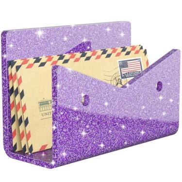 Imagem de Rulyyo Porta-envelope organizador de correio - Suporte de correio acrílico roxo com glitter para bancada, organizador vertical de mesa, pequeno arquivo, caderno de documentos, classificador de cartas