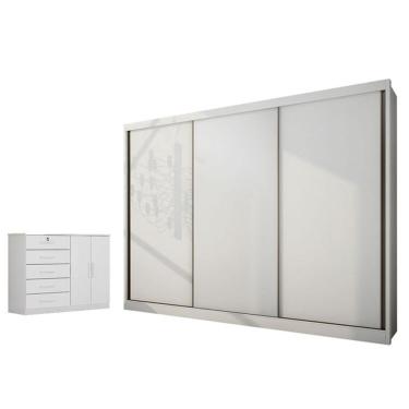 Imagem de Guarda Roupa Casal e Cômoda Londres Seul 3 Portas Giratórias 4 Gavetas em MDF e MDP com...
