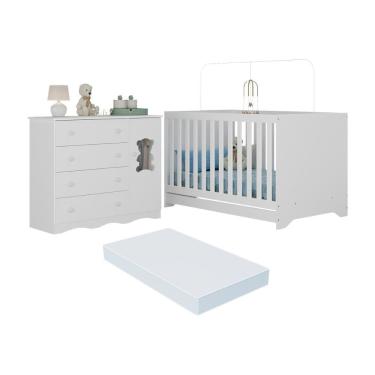 Imagem de Berço Americano 3 Em 1 Com Colchão Incluso E Cômoda 1 Porta 4 Gavetas Doçura Multimóveis MP4733 Branco