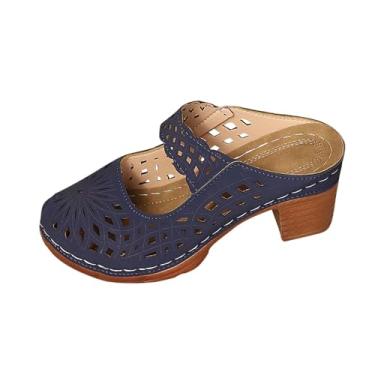 Imagem de Sapatos femininos de salto médio com bico aberto e salto grosso para o verão, casual, cabedal de poliuretano, confortável, Azul royal, 38