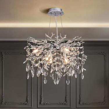 Imagem de witkey Lustre De Cristal Moderno Com Galho De Árvore, Luxuoso, Prateado, Pendente De Cristal, 18" Lustres Contemporâneos De 6 Luzes Para Sala De Jantar, Cozinha, Quarto, Sala De Estar