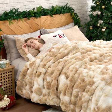 Imagem de Cozy Bliss Cobertor de pele sintética, tamanho Queen, cobertor felpudo macio e espesso de bolhas para cama, sofá, quarto, sala de estar, 227 x 232 cm, tie-dye bege