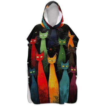 Imagem de Joisal Poncho de surfe trocador roupão adultos praia banho com capuz toalhas reutilizáveis homens mulheres poncho com capuz gatos coloridos preto