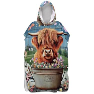 Imagem de Joisal Roupão com capuz bonito de flores de vaca Highland com capuz, estampa de toalha de praia, plus size, unissex, poncho adulto com capuz