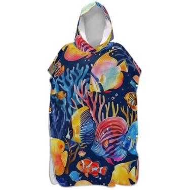 Imagem de Joisal Roupão para adultos poncho de surfe toalha de banho com capuz leve tropical coral peixe azul unissex poncho adulto com capuz