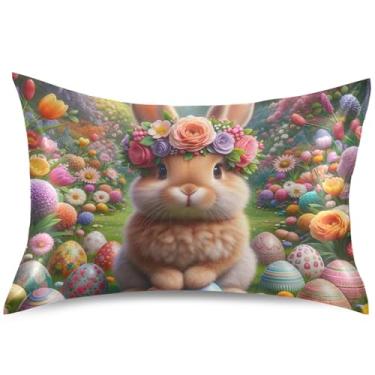 Imagem de Capa de almofada floral com coroa de coelhinho de cetim de Páscoa com estampa padrão King Queen Capas de travesseiro confortáveis, tamanho king, 101,6 cm x 50,8 cm
