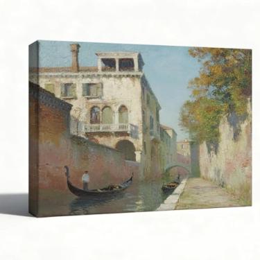 Imagem de Arte de parede em tela de paisagem, pintura de paisagem urbana do canal de Veneza, impressão de gôndola e arquitetura para sala de estar, escritório, decoração de parede vintage europeia, pronta para