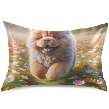 Imagem de Capas de travesseiro de cetim para cachorro Chow Chow floral primavera capa de travesseiro padrão king queen decoração de cama de casa, tamanho Queen, 76,2 cm x 50,8 cm