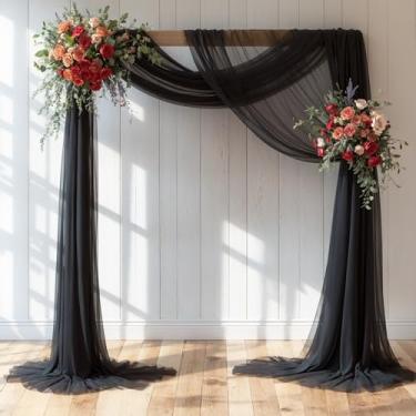 Imagem de Tecido drapeado de arco de casamento, 1 painel de 18 m, cortina de pano de fundo preto transparente, tecido de chiffon, drapeado, lenço de voile, painéis drapeados para cerimônias de casamento e