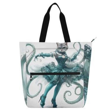 Imagem de Moda Gato Vestido Fada Engraçado Sacola Feminina Bolsa de Trabalho Lona Escolar Sacola para Professores Bolsas Amantes de Livros Presentes