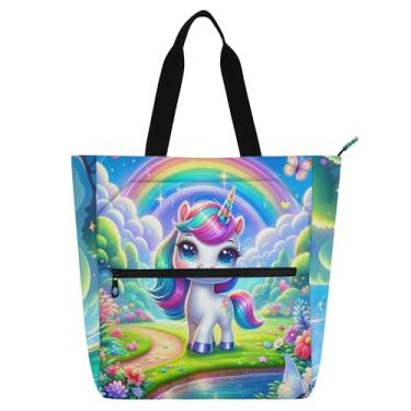 Imagem de GAIGEO Bolsa feminina de trabalho de unicórnio arco-íris de lona para praia com zíper para professores, presente para amantes de livros