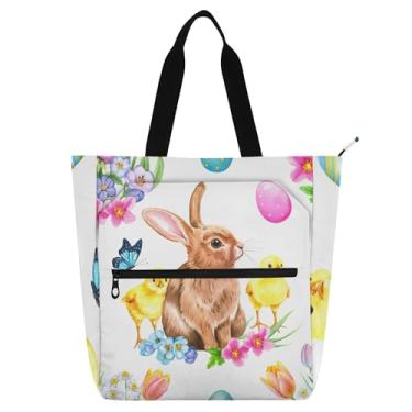 Imagem de Bolsa feminina aquarela coelho primavera flores para trabalho lona zíper bolsa de praia bolsas professores livro amante presente