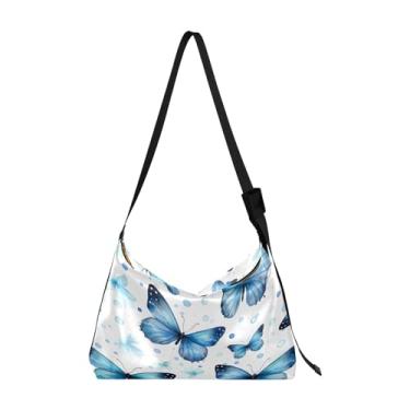 Imagem de Bolsa tiracolo de couro dragão verde, bolsa de ombro masculina, bolsa de couro sintético, Borboletas azuis em branco-4, One Size