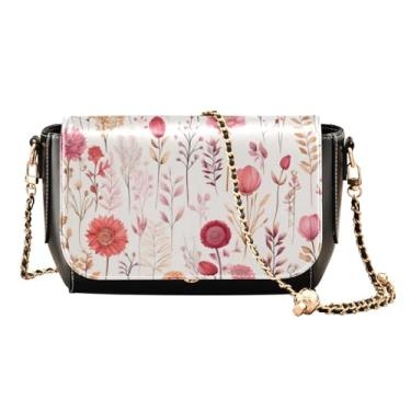 Imagem de GAIGEO Bolsa tiracolo feminina preta e marrom floral decorativa com alça de corrente dourada, Aquarela de flor rosa e branca 4, One Size