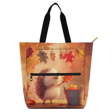 Imagem de GAIGEO Linda sacola feminina de ouriço com folhas de outono para trabalho em lona escolar bolsa para professores com compartimentos