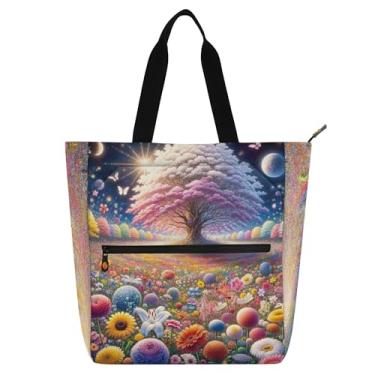 Imagem de GAIGEO Sacola feminina para trabalho com cenário de árvore de campo de flores, bolsas de lona para professores de faculdade, escola, com compartimentos