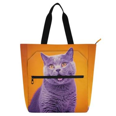 Imagem de Linda bolsa de trabalho feminina cinza gato laranja bolsa de trabalho lona zíper bolsa de praia bolsas médias amantes de livros presentes