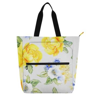 Imagem de GAIGEO Buquês florais amarelo bolsa de trabalho feminina bolsa de lona bolsa de tecido universitário escola utilitária bolsas de escritório amantes de livros