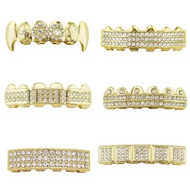 Imagem de Psivika 6 peças banhadas a ouro brilhante hip hop dentes Grillz bonés de vampiro grillz para seus dentes para homens e mulheres fantasia de rapper cosplay dentes joias e acessórios, Medium, latão