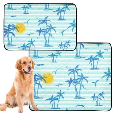 Imagem de Almofadas de xixi laváveis para animais de estimação, para gatos, palmeiras azuis, listras brancas, absorventes para filhotes, tapete impermeável para cercadinho para cães, médio + grande, conjunto de