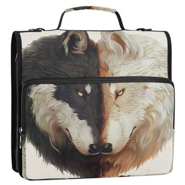 Imagem de Fichário organizador de 3 anéis para casais de lobos pretos e brancos de 3 cm com zíper com alça de ombro para portfólio floral escolar e suporte de pasta de anel