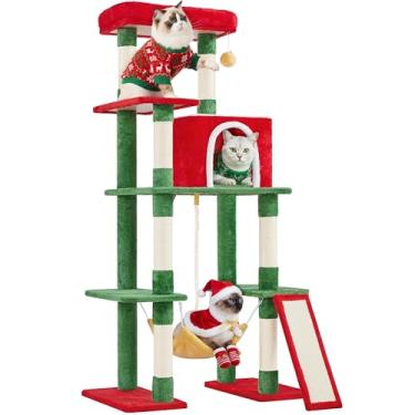 Imagem de Yaheetech Árvore de Natal para gatos de 160 cm, torre de vários níveis para gatos com cavernas aconchegantes, 7 postes para arranhar, escada para arranhar, rede para gatos internos como decoração de