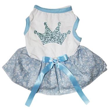 Imagem de Petitebella Roupa para cachorro vestido brilhante coroa branca top floral azul claro tutu (médio)