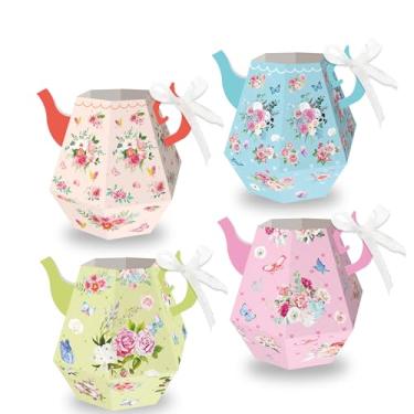 Imagem de 12 peças de caixas de presente de festa de chá, caixa de decoração de flores de aniversário de casamento, festa de chá, caixa de papelão 3D, decoração de mesa de centro de mesa, bule de chá, caixas de