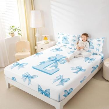 Imagem de Erosebridal Jogo de cama solteiro com desenho animado com laço azul, letra G, com laço kawaii, para crianças, meninos, adolescentes, lençol com elástico, monograma personalizado, 2 peças
