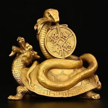 Imagem de FENNYYAR Estátua de cobra tartaruga de quatro animais espirituais de cobre, 12 cm, enfeite de decoração de loja doméstica