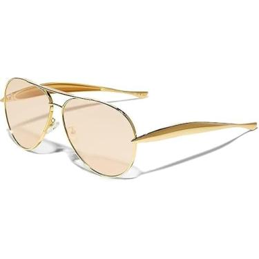 Imagem de Óculos de Sol Aviador Retrô Dourado Oversized UV400 – Metal Premium com Hastes Largas e Lente Clara Estilo 70s Unissex para Moda Urbana e Elegância Atemporal