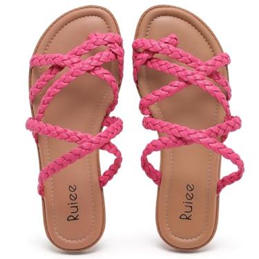 Imagem de Ruiee Sandálias planas de largura larga para mulheres, verão casual trançado pés largos chinelos confortáveis chinelos de dedo aberto praia tanga feminina sandálias., Rosa PU 780, 9.5 X-Wide