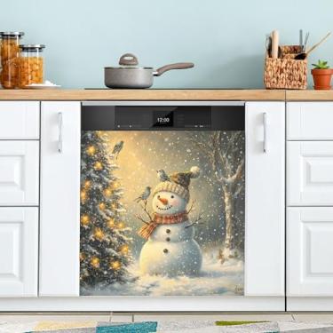 Imagem de SEHANY Linda capa magnética de boneco de neve de Natal, adesivos magnéticos decorativos antiarranhões para painel de geladeira e lava-louças, decoração de Natal de cozinha doméstica 58 x 66 cm
