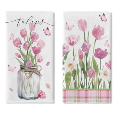 Imagem de Croar Conjunto de 2 toalhas de prato de cozinha de flor de tulipa rosa de primavera, toalha de mão de secagem floral de narciso aquarela, pano de cozimento, pote de pedreiro de verão, borboleta, casa