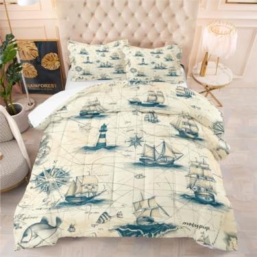 Imagem de CCoutueChen Conjunto de cama casal com bússola de veleiro, para meninas, meninos, ultramacio, com 2 fronhas