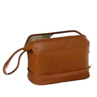 Imagem de Bolsa Necessaire de Cosméticos em Couro PU com Dupla Camada – Grande Capacidade para Viagem(Marrom)
