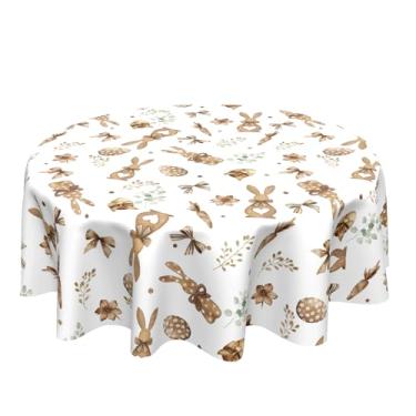 Imagem de Toalha de mesa Happy Easter redonda 152 x 152 cm toalha de mesa com ovos de páscoa, cenouras, coelhos, primavera, resistente a manchas, capas de mesa marrom para cozinha, jantar, toalhas de mesa