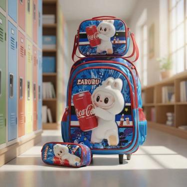 Imagem de Mochila Rodinha impermeável + lancheira térmica + estojo - Labubu branco 3D