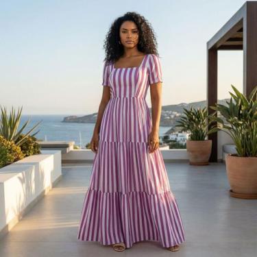 Imagem de Vestido Estampado Listrado Longo Feminino Manga Curta Elastex Acintura