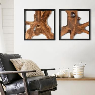 Imagem de JOLLYMER Pacote com 2, decoração de parede de madeira teca com borda viva, arte de parede de madeira rústica, decoração de casa feita à mão para sala de estar, quarto, escritório, moldura preta de 43