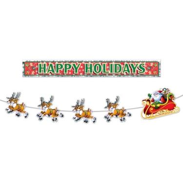 Imagem de Beistle Pacote de serpentina de feriado – Faixa metálica de franjas "Boas Festas" e decorações de Papai Noel e trenó, decoração festiva de Natal para festas de inverno, escritórios, vitrines de casa e