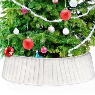 Imagem de Colar de árvore de Natal branca com listras texturizadas de pelúcia dobrável anel de Natal saia de árvore para árvores artificiais base de suporte para decoração de árvores de Natal