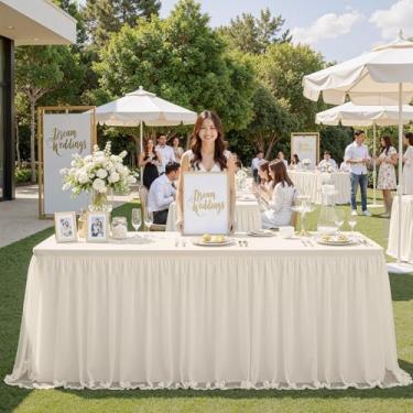 Imagem de familus Toalhas de mesa marfim de 2,4 m para mesas retangulares, saia de mesa de tule elástica, toalha de mesa retangular com babados para feiras de artesanato, banquetes e exibição de feiras