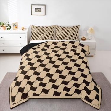 Imagem de Erosebridal Conjunto de edredom xadrez com triângulo geométrico, tamanho casal, cáqui, xadrez, 3 peças, casa de fazenda, búfalo, para crianças, adolescentes e adultos, com enchimento de edredom