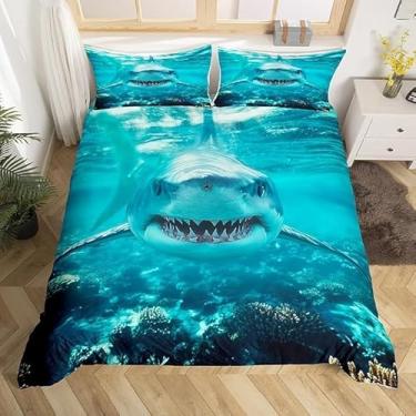 Imagem de Erosebridal Capa de edredom de tubarão para meninos, tamanho Queen, 3D, tubarão oceano, tubarão, animal, verão, mar, tropical, vida selvagem, conjunto de cama havaiana para meninas