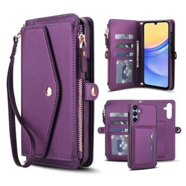 Imagem de Capa carteira para Samsung Galaxy A35 5G, capa flip magnética destacável com compartimentos para cartões, bloqueio RFID, suporte e alça de pulso, capa protetora para celular (roxa)